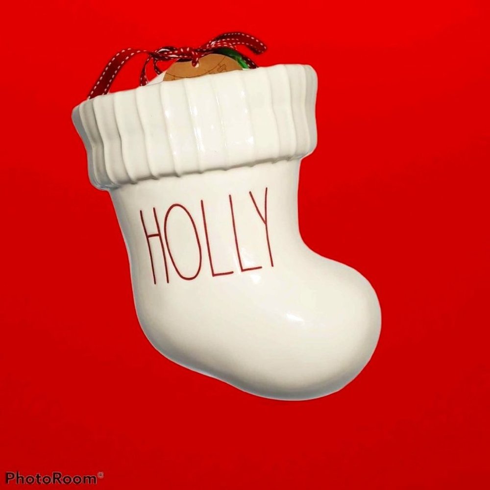 Rae Dunn "HOLLY" Christmas Ceramic Stocking Candy Cane Holder Wall Planter ~ New